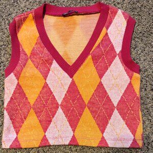 ZARA Womens Small Argyle Sweater Vest Pink Orange Knit Cropped Preppy
